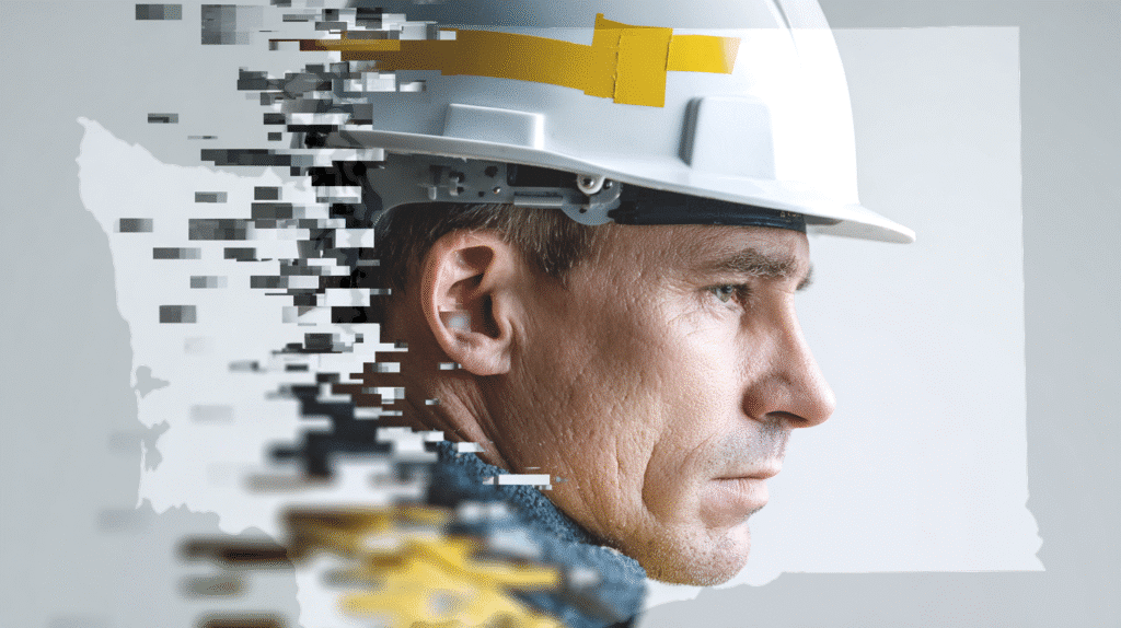 Profile of a skilled trades worker wearing a safety helmet, with a digital pixel effect blending into a faint outline of Washington State
