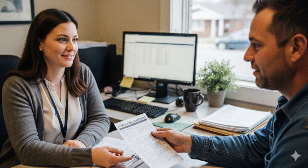 andidate handing resume to recruiter during an interview in an office setting.