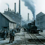 19th century American factory workers near a steam locomotive in an industrial rail yard