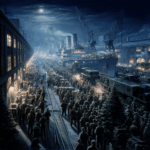 World War II era American shipyard with workers loading supplies and building naval ships during wartime production