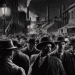 Crowd of early 1900s industrial workers leaving factories during the industrial revolution