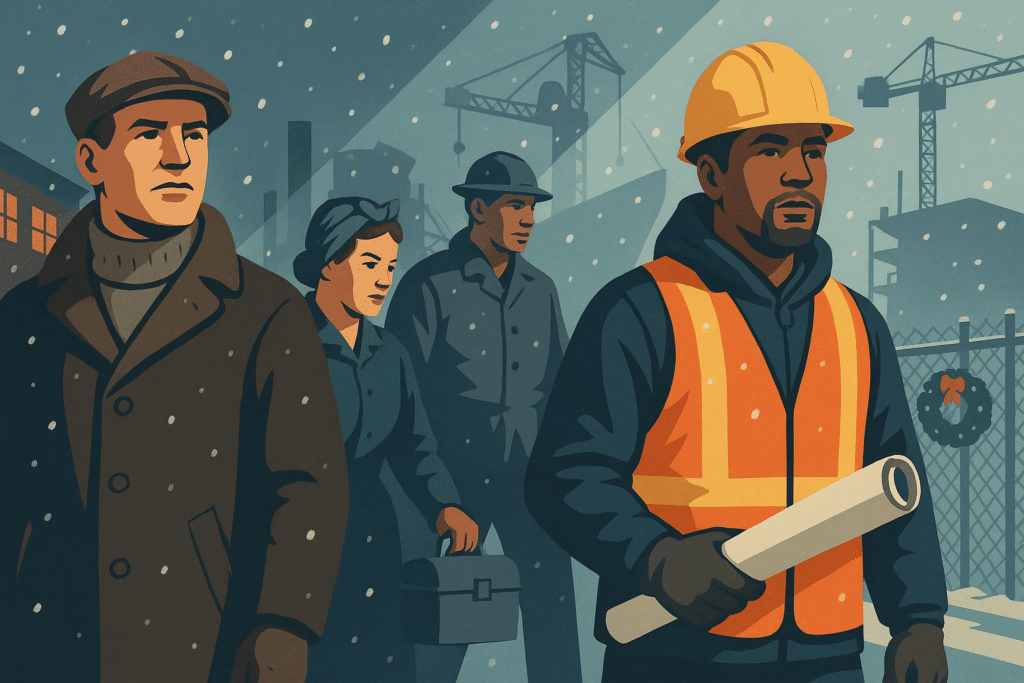 American workers from different eras standing together in winter showing the history of the American workforce during the holidays