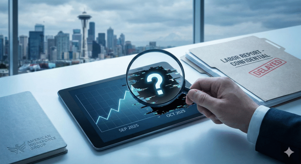 A magnifying glass over a digital chart showing missing labor data for October 2025, with the Seattle skyline in the background and an American Workforce Group notebook