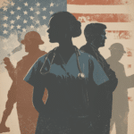 Modern American workers from healthcare, construction, manufacturing, logistics, and skilled trades standing together with an American flag backdrop