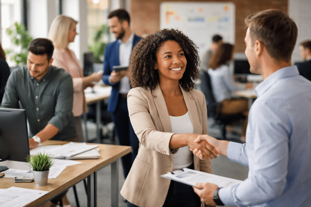 A professional woman in a blazer shaking hands with a new hire in a modern office, representing the U.S. staffing industry.