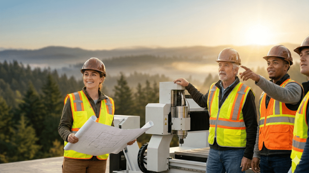 Industrial workers in Washington discussing career growth and skill stacking pathways at a job site.