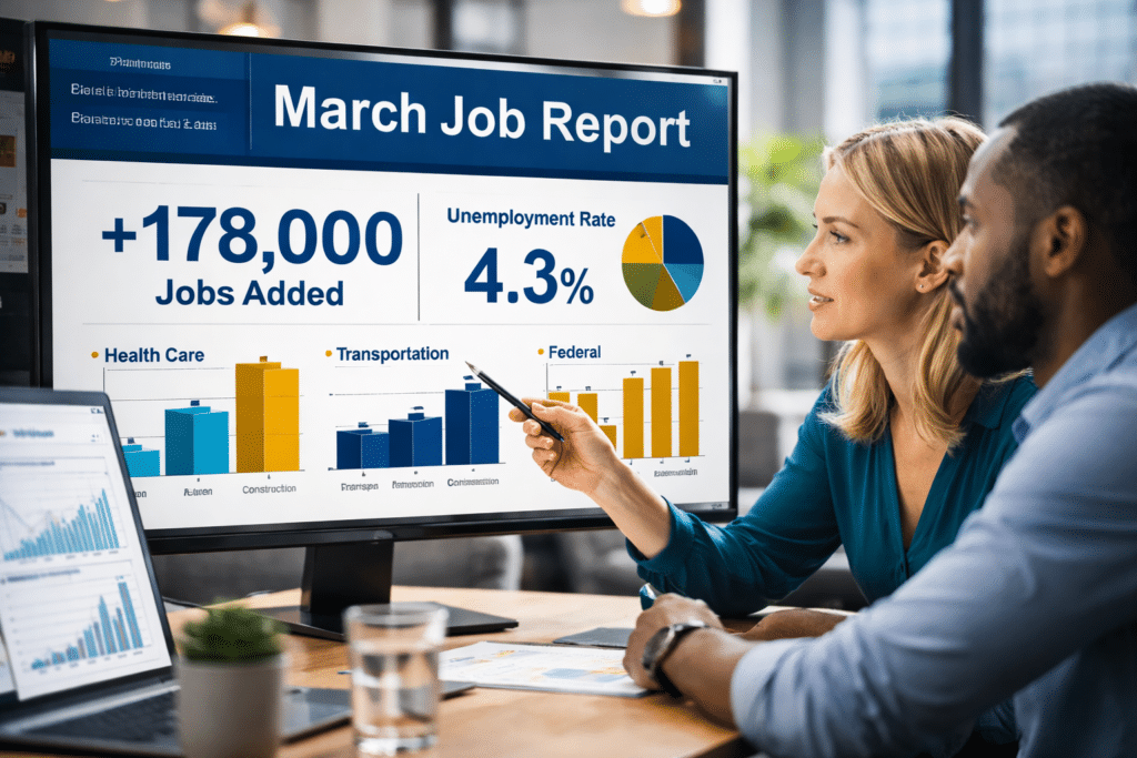 Infographic showing March 2026 Job Report stats with 178,000 jobs added and 4.3 percent unemployment rate for American Workforce Group blog.