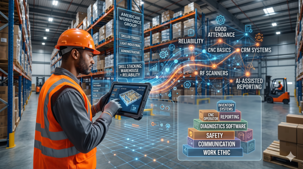 A worker in high-vis gear using a tablet in a modern warehouse, showing digital skill stacking overlays for automation and reliability.