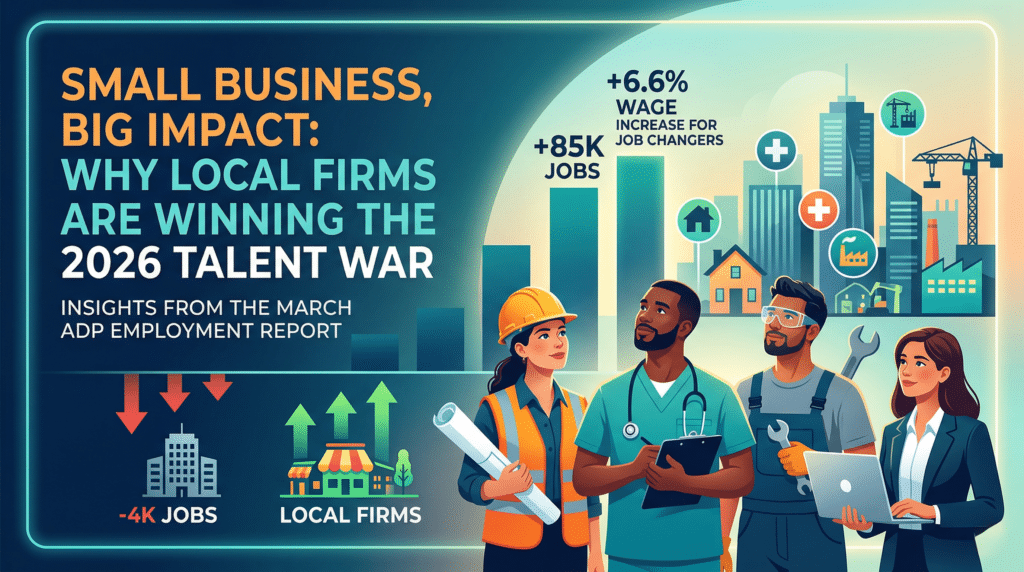 Alt text: Infographic showing diverse skilled workers including a construction builder, nurse, and mechanic next to stats from the March 2026 ADP report highlighting 85K small business jobs added.