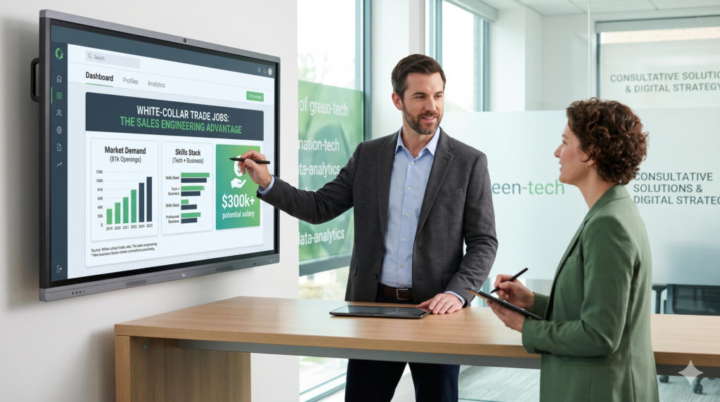 Professional leading a technical demonstration for a white-collar trade job in sales engineering