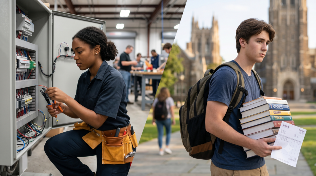 A split screen showing a young female electrician apprentice working on an industrial control panel versus a male university student holding heavy textbooks on a college campus.