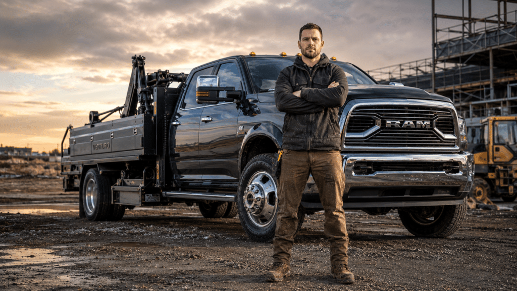 Blue-collar tradesman posing with crossed arms beside a commercial service truck on an active job site.